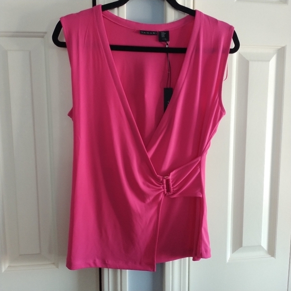 Tahari Pink Sleeveless Faux Wrap Side Buckle Top M - Picture 9 of 11